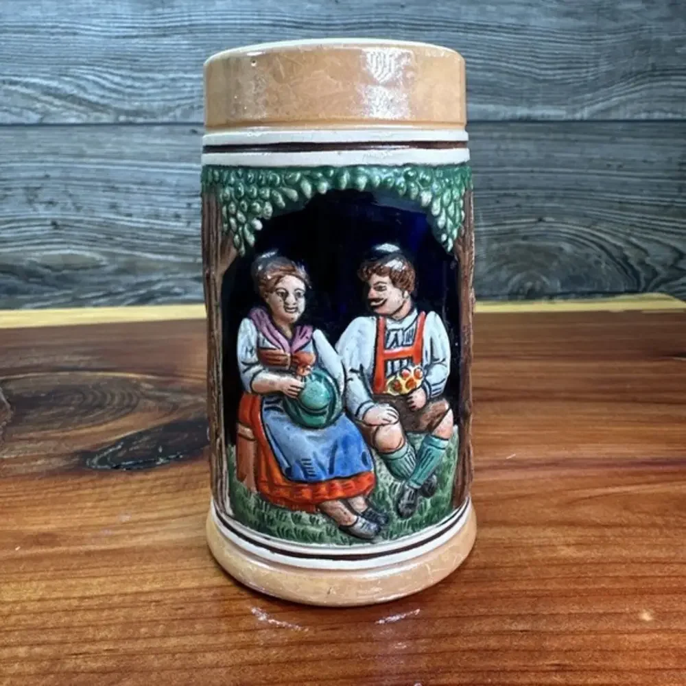 Original Vintage German‎ Embossed Man Woman Playing/Drinking Ceramic Mug